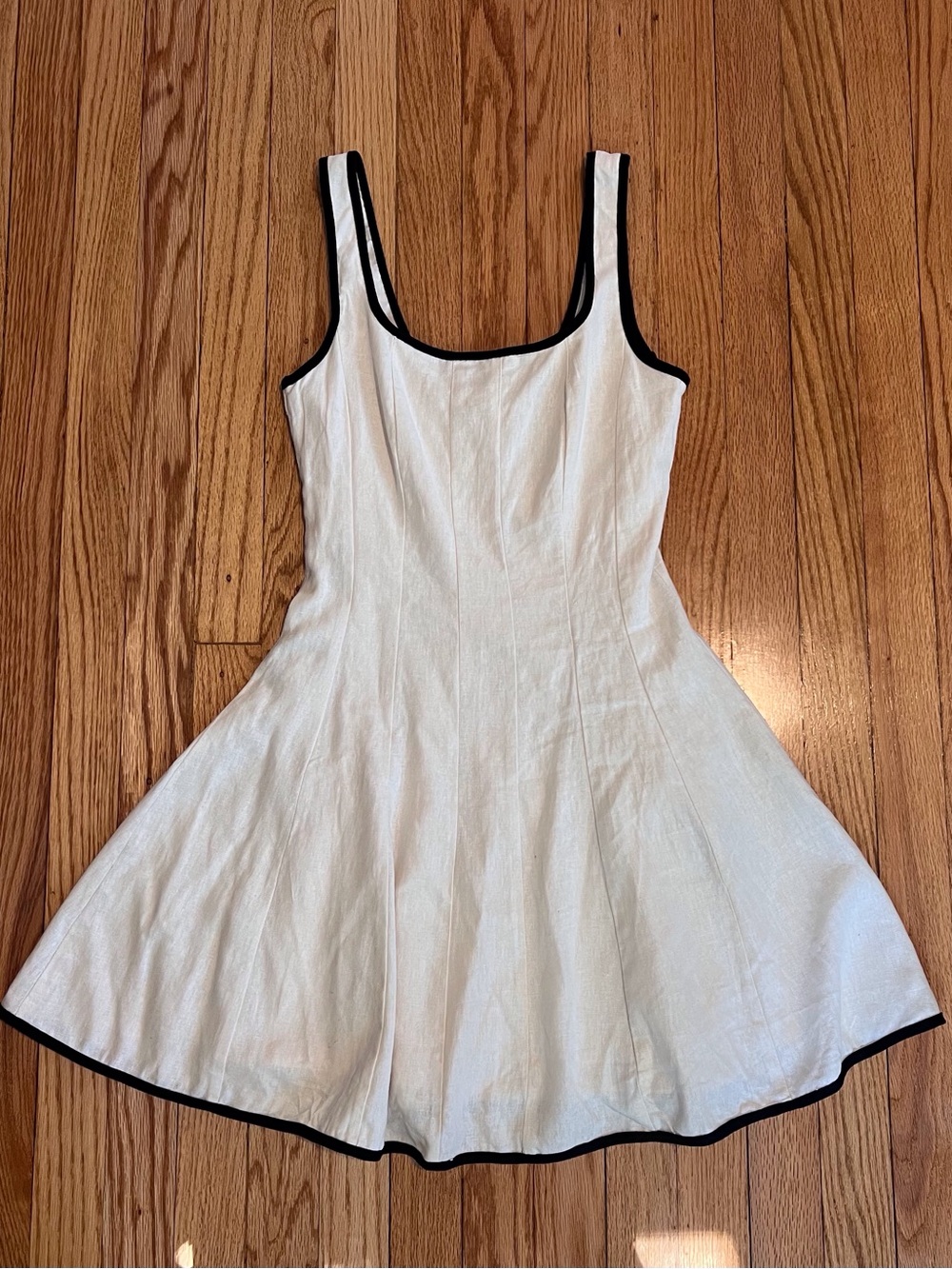 NWT 7 For All Mankind Linen Blend Mini Dress White Black Trim Fit Flare Sz S